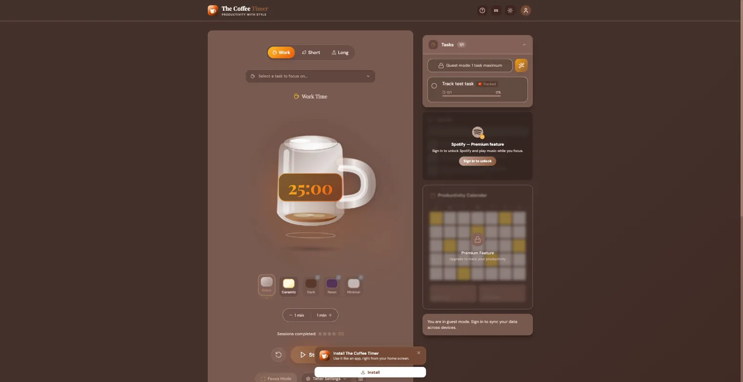 The Coffee Timer — a Pomodoro-style focus timer with task tracking and a productivity calendar